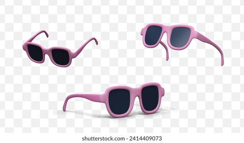 Composición realista con gafas de sol en diferentes posiciones en colores rosados. Accesorio para proteger los ojos del sol. Ilustración vectorial en estilo 3d con sombra