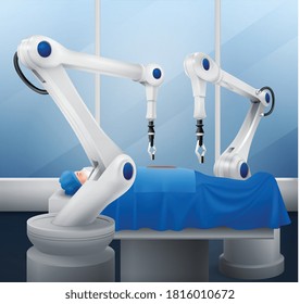 Realistic composition with two robotic arms performing surgical operation vector illustration