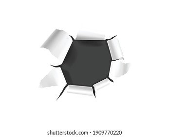 Realistic composition with white torn paper hole on dark background isolated vector illustration