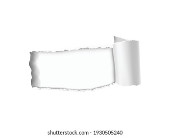 Realistic composition with white torn paper hole on transparent background isolated vector illustration