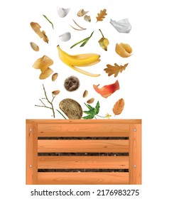 Realistic compost composition with front view of wooden pallet box with falling vegetable peel dead leaves vector illustration