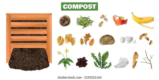 Realistic compost horizontal set of isolated icons with rests of food plants and dirt with text vector illustration