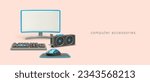 Realistic computer accessories. Wide monitor, video card, keyboard, mouse with pad. Workplace of programmer, office worker. Concept of computer gadget store. Information technology training