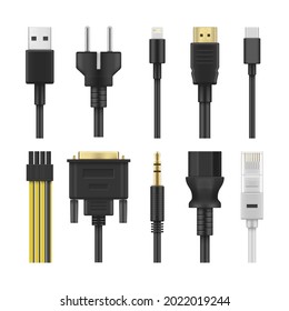 Realistic computer cables set vector illustration. Collection of universal USB connector and display port isolated on white. Phone audio jacks cabling, hardware device, internet network adapter