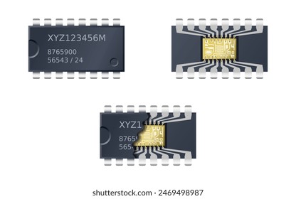 Realistic computer chip in DIP-package in top, inside and cutaway views on transparent background