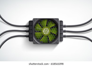 Realistic computer cooler with green fan and black wires design concept on white background vector illustration