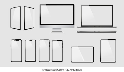 Iconos vectoriales de diseño de computadoras realistas. Ilustración de portátiles, tablets y smartphone. Fondo transparente gris y pantallas aisladas. Ilustración vectorial realista.