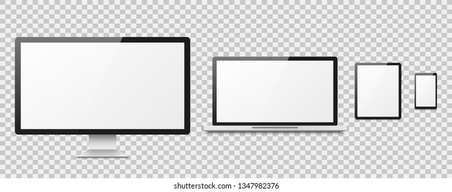 Realistic computer. Computer desktop screen, devices laptop tablet phone smartphone monitor set
