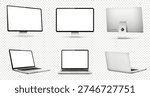 Realistic computer display mock up. Laptop computer mock up different angles views.