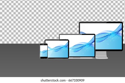Realistic Computer Laptop, Mobile Phone, Tablet PC with Abstract Transperent Wallpaper on Screen. Vector Illustration EPS10