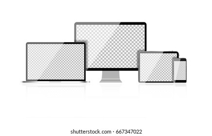 Realistic Computer Laptop, Mobile Phone, Tablet PC with Abstract Transperent Wallpaper on Screen Isolated on White Background. Vector Illustration EPS10