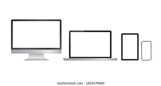 Smartphone y tablet de computadora realista. Plantilla de pantalla de monitor. Ilustración de material vectorial.