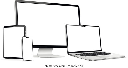 Realistic computer, laptop, tablet, cell phone. Modern digital devices mockup.