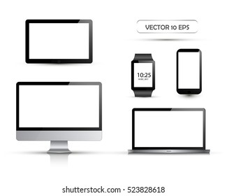 Realistic computer, laptop, tablet and mobile phone, all-in-one PC, smart watch. Vector illustration, eps 10. Concept with blank screens for web, magazines, templates.