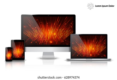 Realistic Computer, Laptop, Tablet and Mobile Phone with Technology Wallpaper Screen Isolated. Can Use for Template Presentation. Set of Device Mockup. Separate Groups and Layers. Easily Editable.