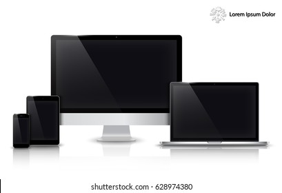 Realistic Computer, Laptop, Tablet And Mobile Phone With Blank Wallpaper Screen Isolated. Can Use For Template Presentation. Set Of Device Mockup. Separate Groups And Layers. Easily Editable