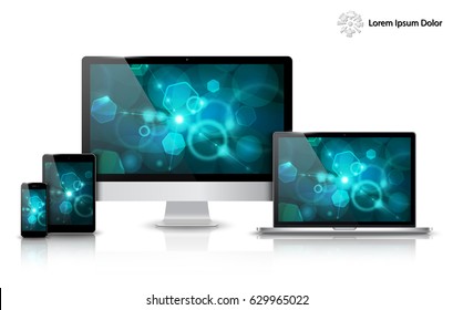 Realistic Computer, Laptop, Tablet and Mobile Phone with Grren Bokeh Wallpaper Screen Isolated. Can Use for Template Presentation. Set of Device Mockup. Separate Groups and Layers. Easily Editable.