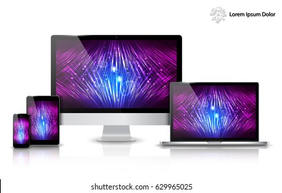 Realistic Computer, Laptop, Tablet And Mobile Phone With Technology Wallpaper Screen Isolated. Can Use For Template Presentation. Set Of Device Mockup. Separate Groups And Layers. Easily Editable.