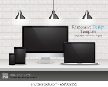 Realistic Computer, Laptop, Tablet and Mobile Phone with Black or Blank Wallpaper Screen Isolated on Vintage Brick Wall. Set of Device Mockup Separate Groups and Layers. Easily Editable Vector.