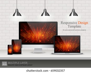 Realistic Computer, Laptop, Tablet and Mobile Phone with Technology Wallpaper Screen Isolated on Vintage Brick Wall. Set of Device Mockup Separate Groups and Layers. Easily Editable Vector.