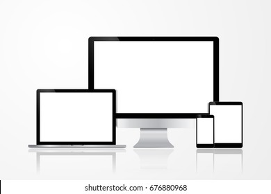 Computadora, portátil, tablet y teléfono móvil realistas con pantalla de papel pintado blanco aislada. Conjunto de Grupos y Capas Separados de Mockup de Dispositivos. Vector fácil de editar.