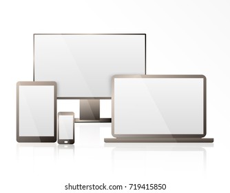 Realistic Computer, Laptop, Tablet and Mobile Phone with Transparent Wallpaper Screen Isolated. Set of Device Mockup.  Vector illustration.