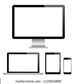 Realistic Computer, Laptop, Tablet and Smart Phone with blank screen Isolated on white background. Set of Device Mockup Separate Groups and Layers vector eps 10

