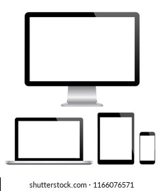 Realistic Computer, Laptop, Tablet and Smart Phone with blank screen Isolated on white background