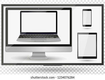 Realistic Computer, Laptop, Tablet and Smartphone with transparent Wallpaper Screen Isolated on white. Set of Device Mockup