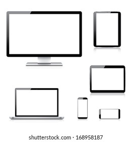 Realistic Computer, Laptop, Tablet And Smartphone Vectors Isolated On White