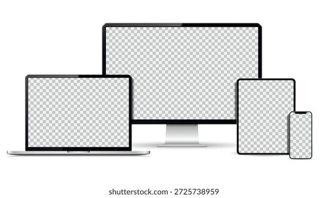 Realistic computer, laptop, tablet, smartphone mockup. Set technology devices with empty display. Vector illustration.