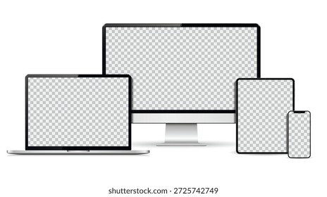 Realistic computer, laptop, tablet, smartphone mockup. Set technology devices with empty display