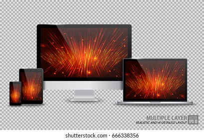 Realistic Computer, Laptop, Tablet and Smartphone with Technology Wallpaper Screen on Transparent Background. Can Use for Template. Set of Device Mockup. Separate Groups and Layers. Easily Editable.