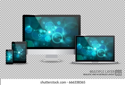 Realistic Computer, Laptop, Tablet and Smartphone with Bokeh Wallpaper Screen on Transparent Background. Can Use for Template. Set of Device Mockup. Separate Groups and Layers. Easily Editable.