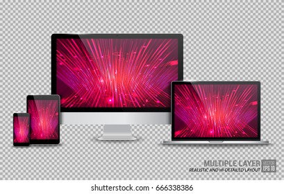 Realistic Computer, Laptop, Tablet and Smartphone with Technology Wallpaper Screen on Transparent Background. Can Use for Template. Set of Device Mockup. Separate Groups and Layers. Easily Editable.