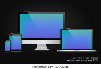 Realistic Computer, Laptop, Tablet and Smartphone with Blue Wallpaper Screen Isolated on Transparent Background. Use for Template. Set of Device Mockup. Separate Groups and Layers. Easily Editable.