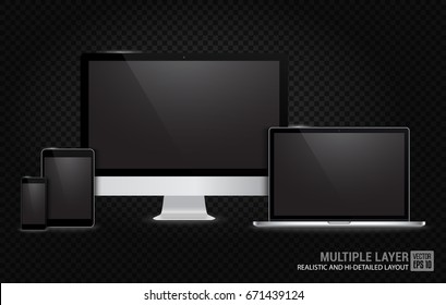 Realistic Computer, Laptop, Tablet and Smartphone with Blank Wallpaper Screen Isolated on Transparent Background. Use for Template. Set of Device Mockup. Separate Groups and Layers. Easily Editable.