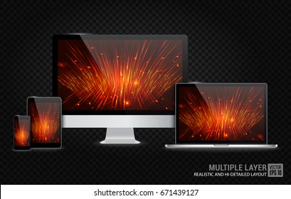 Realistic Computer, Laptop, Tablet and Smartphone with Technology Wallpaper Screen on Transparent Background. Can Use for Template. Set of Device Mockup. Separate Groups and Layers. Easily Editable.