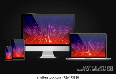 Realistic Computer, Laptop, Tablet and Smartphone with Technology Screen Isolated on Black Transparent Background. Use for Template. Set of Device Mockup. Separate Groups and Layers. Easily Editable.