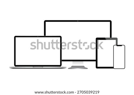 Realistic Computer, Laptop, Tablet, and Smartphone Set. Device Screen Mockup Vector Illustration