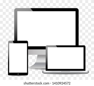 Realistic Computer, Laptop, touch tablet in mockup style. Modern devices on isolated background. Vector eps10
