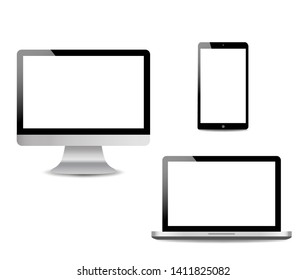 Realistic Computer, Laptop, touch tablet in mockup style. Modern devices on isolated background. Vector eps10