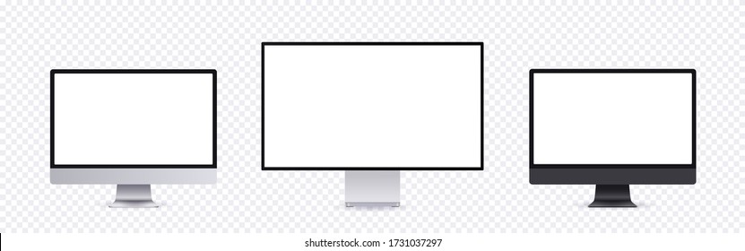 Realistic computer mockup, modern frameless monitor collection with empty screen isolated on transparent, background. Personal computer or tv set template, front view.