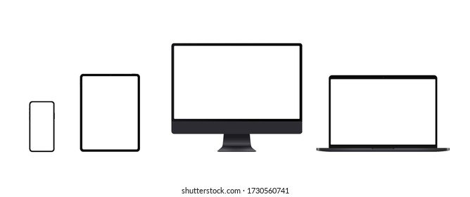 Equipo de simulación de computadora realista con escritorio, laptop, tablet y smartphone. Dispositivo electrónico negro instalado en la vista frontal, pantalla pc, portátil abierto, almohadilla y pantalla de teléfono móvil.