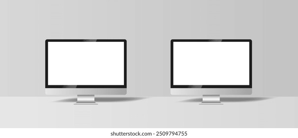 Realistic computer mockups on transparent background. Vector set of computer with transparent screen, silver design. Vector EPS 10