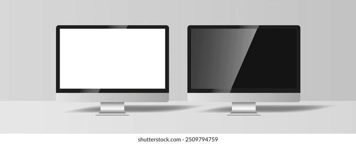 Realistic computer mockups on transparent background. Vector set of computer with blck and transparent screen, silver design. Vector EPS 10