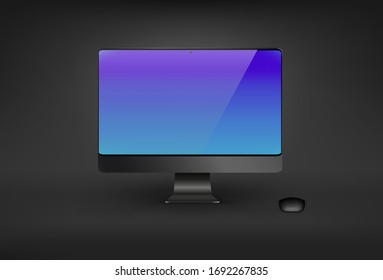 Monitor de ordenador realista en color negro con pantalla azul y ratón negro aislado en fondo gris oscuro. Ilustración vectorial.