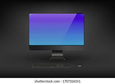 Realistic computer monitor in black color with blue screen, black mouse and black keyboard isolated on dark gray background. Vector illustration.