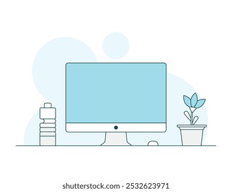 Pantalla en blanco realista del monitor del ordenador con el pote de la flor y la botella de agua PC, escritorio, monitor, Ilustración vectorial plana del ordenador portátil