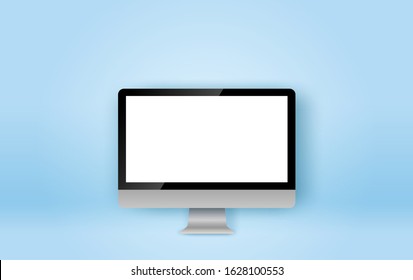Realistic computer monitor isolated.PC mock up on blue background.Monitor screen office object business.Desktop device personal technology.Creative Paper cut and craft style Vector illustration.EPS10